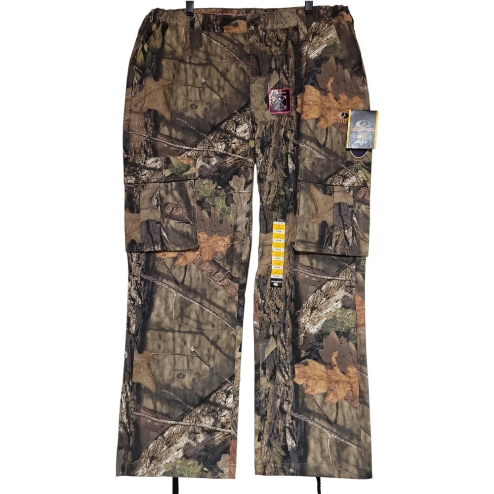 NWT Mossy Oak Camo Pants Mens XL Elastic Sides, Leg Cinch Ties, Cargo Pockets